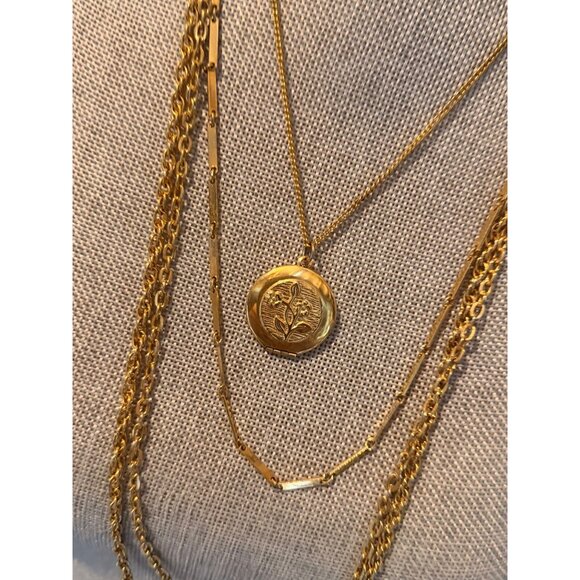 Locket pendant 4 tier necklace Gold Plated Multi-Layer Necklace With Floral Etch - Picture 2 of 10
